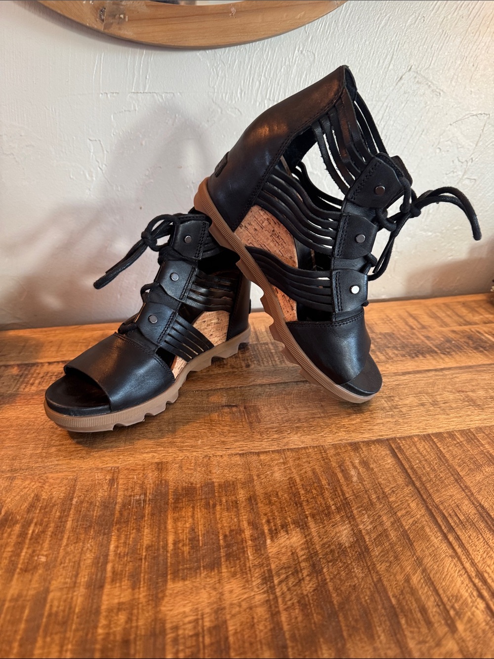 Sorel Joanie II Lace Up Black Open Toe Gladiator Wedge Sandals - Picture 6 of 6